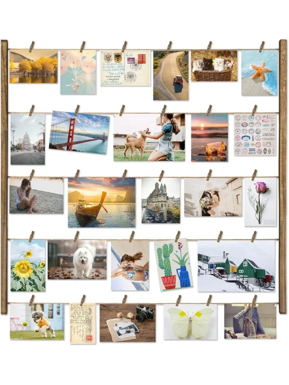 Collage Wall Decor with 30 Clips, 5 Adjustable Twines for Photos & Art Prints
